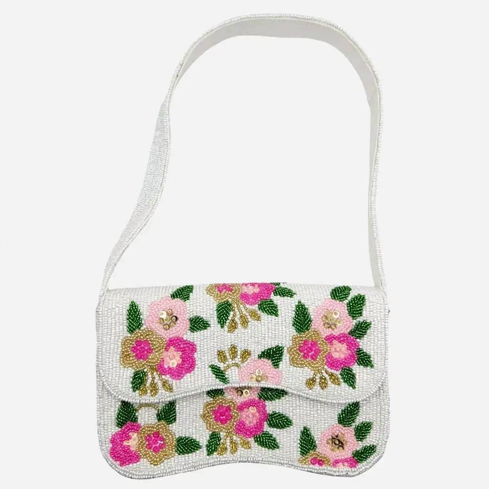 NEW PIZZAZZ women's bloom beaded shoulder bag in white